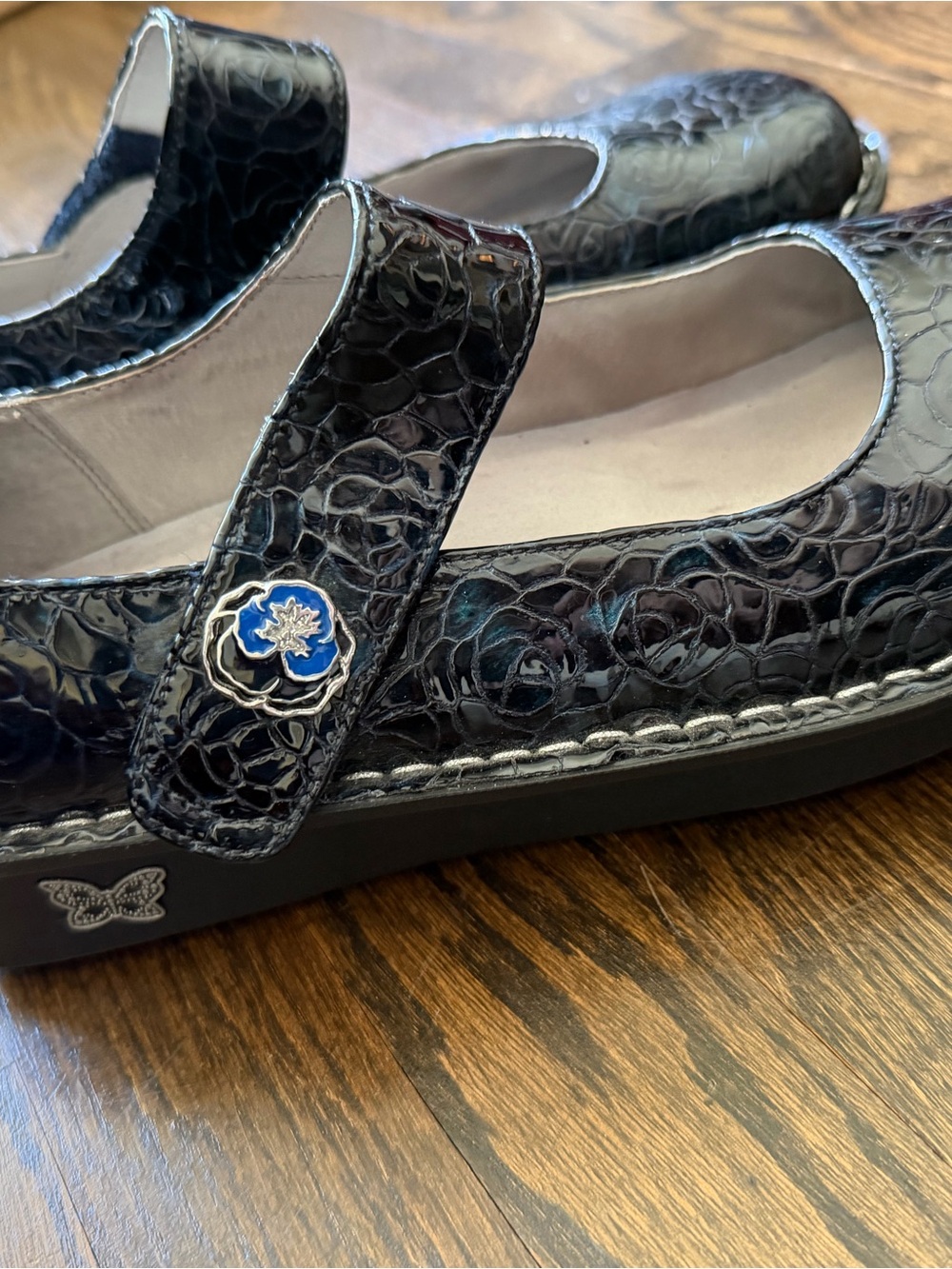 Alegria Black Patent Mary Jane Shoes with Floral Embossing - Picture 4 of 6